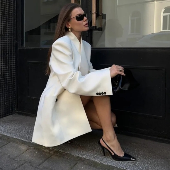 White Stand Collar Jacket Coat Double Pocket Elegant Socialite Women Cuff Button - Picture 3 of 15